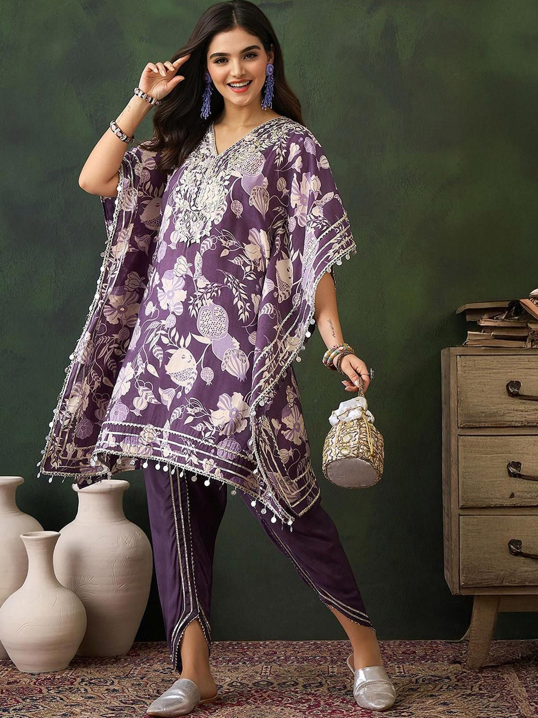 Ishin Women Printed Kaftan Kurta with Dhoti Pant