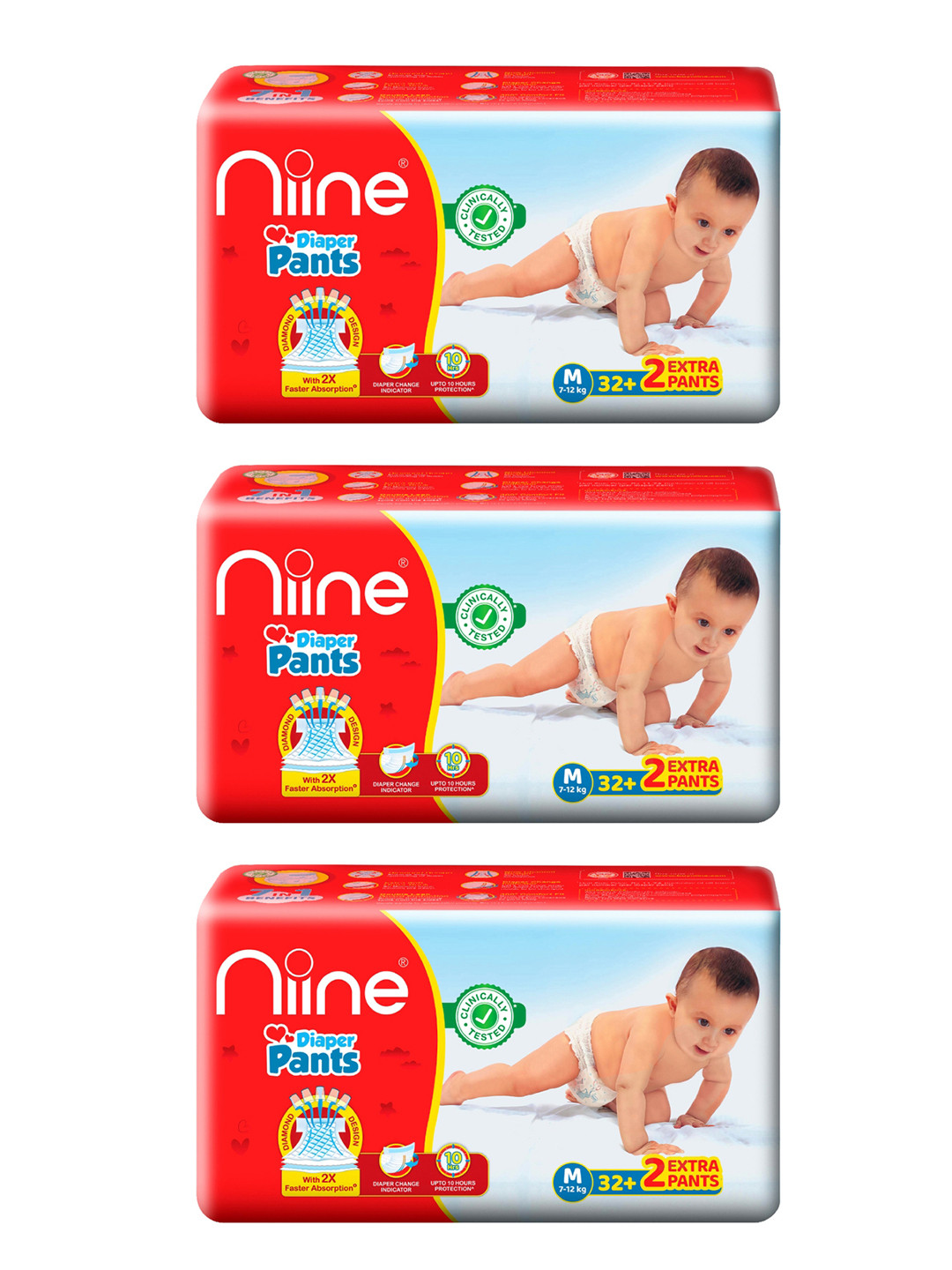 Niine Set of 3 Cotton Baby Diaper Pants with Leakage Protection - 32 Pants Each - Medium