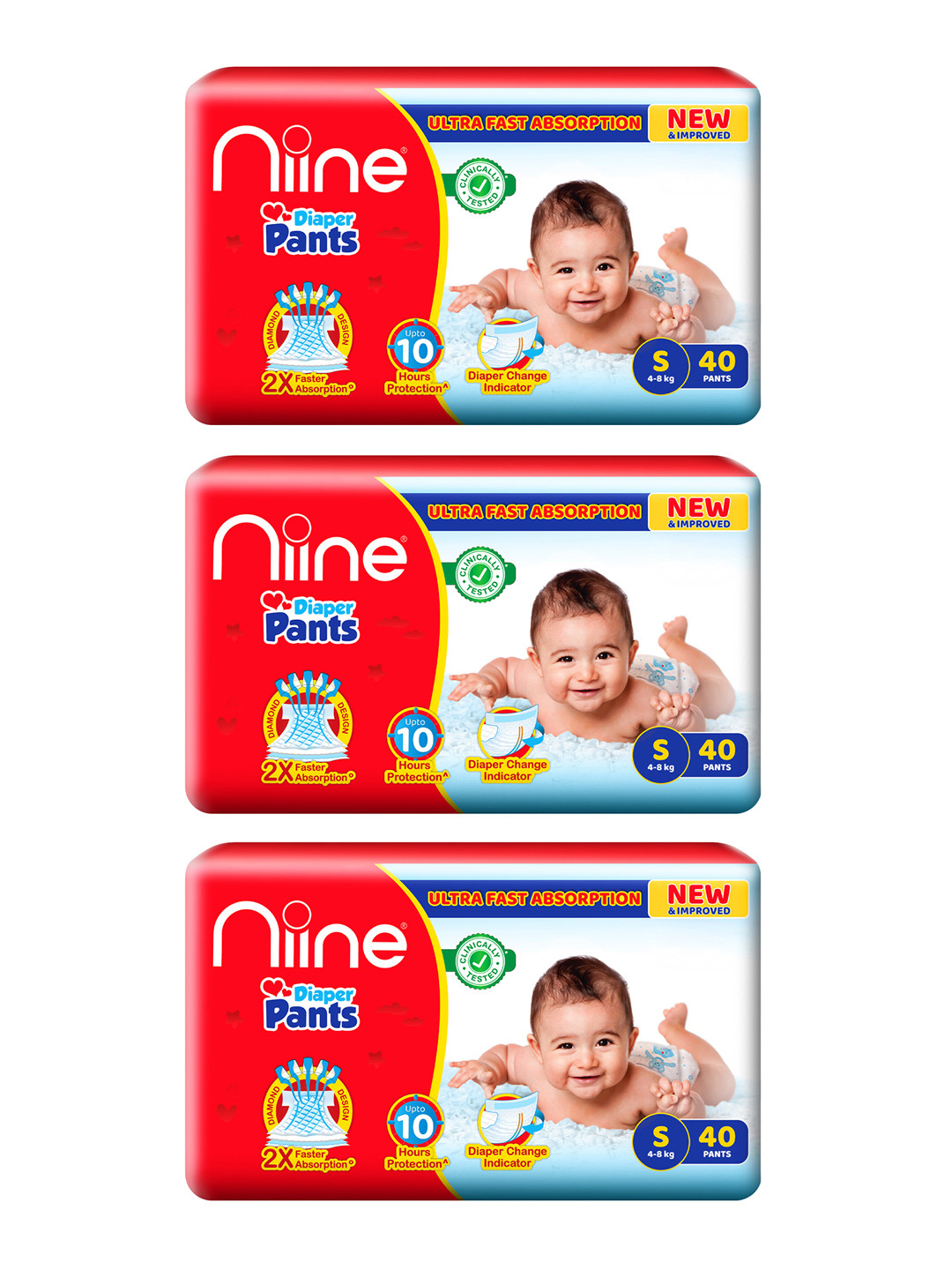 Niine Set of 3 Cotton Baby Diaper Pants with Leakage Protection - 40 Pants Each - Small