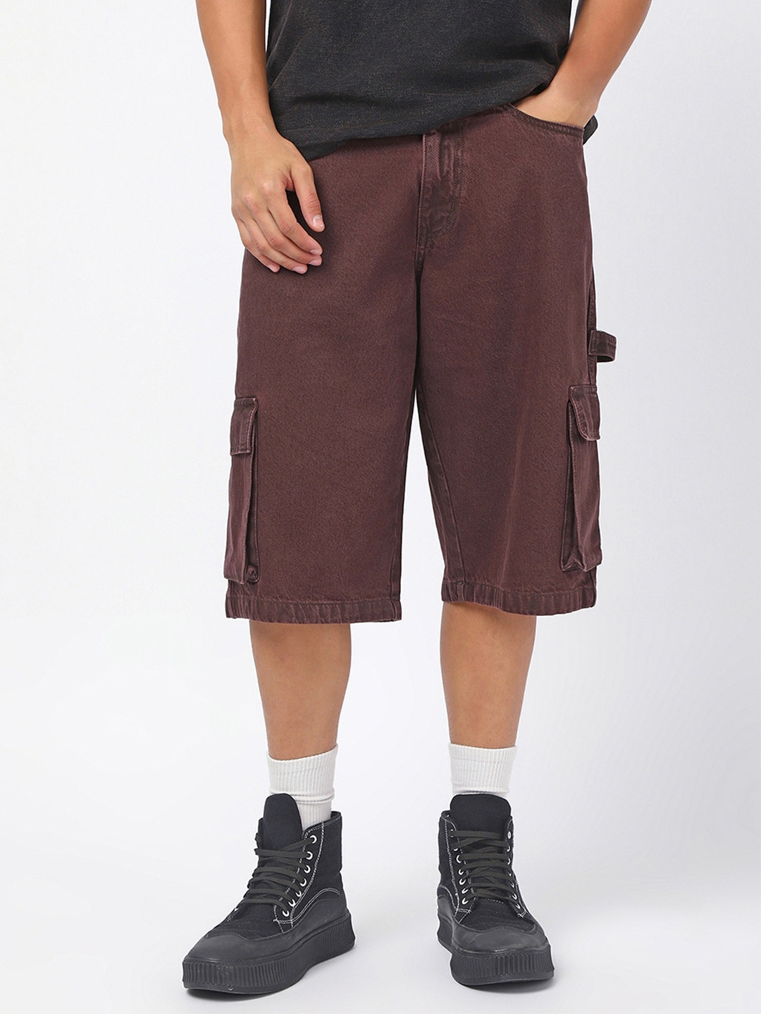 Bewakoof Men Brown Washed Baggy Fit Cargo Carpenter Shorts