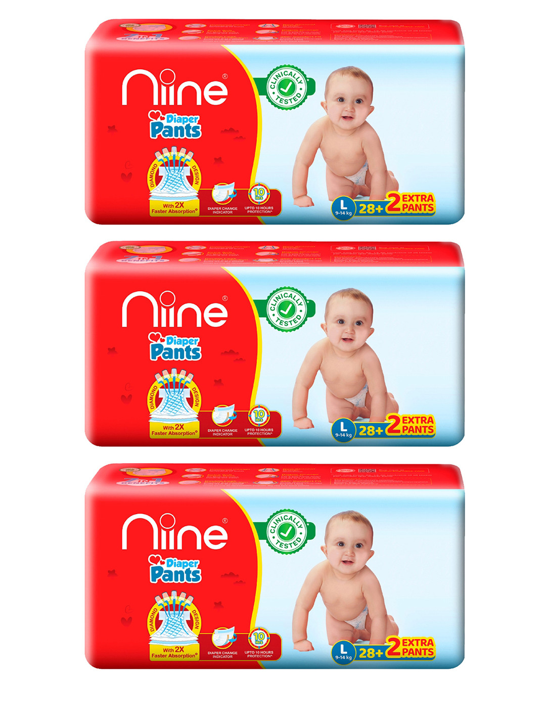 Niine Set of 3 Cotton Baby Diaper Pants with Leakage Protection - 30 Pants Each - Large