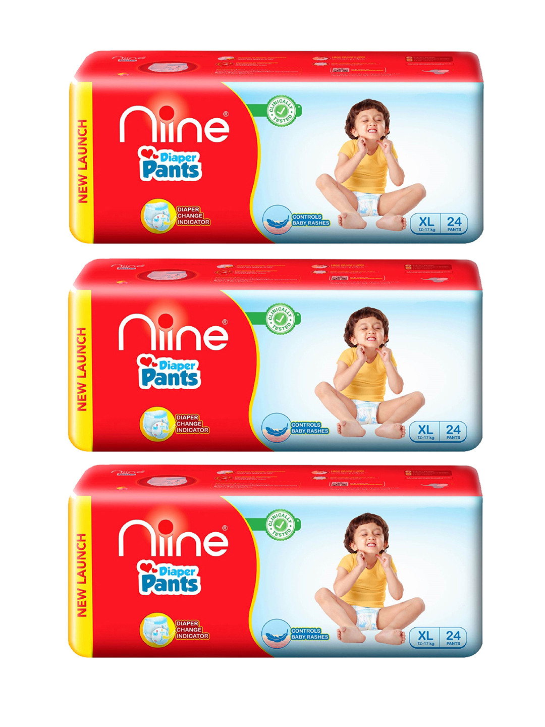 Niine Set of 3 Cotton Baby Diaper Pants with Leakage Protection - 24 Pants Each - XL
