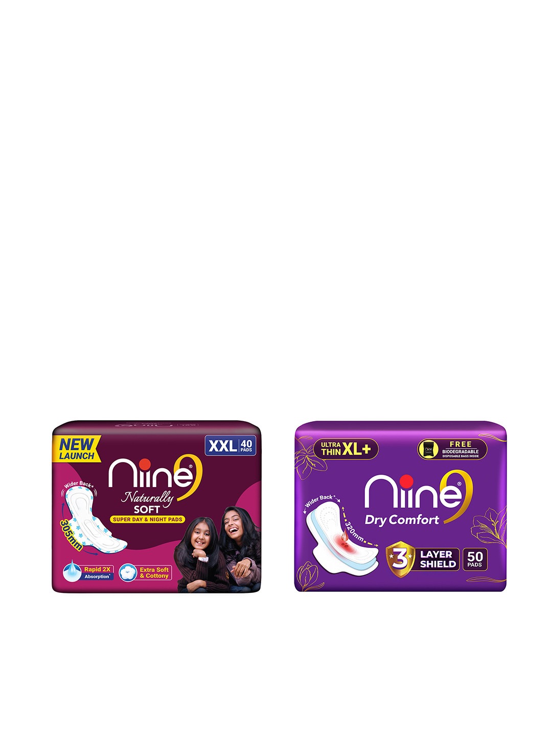 Niine Set of 2 Naturally Soft Sanitary Pads - 50 XL+ Dry Comfort Pads & 40 XXL Pads