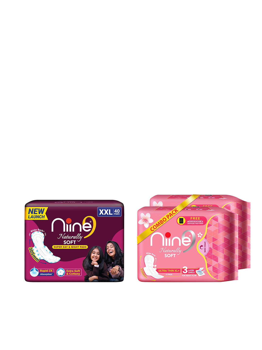 Niine Set of 3 Naturally Soft Sanitary Pads - 30 XL+ Ultra Thin Pads & 40 XXL Pads