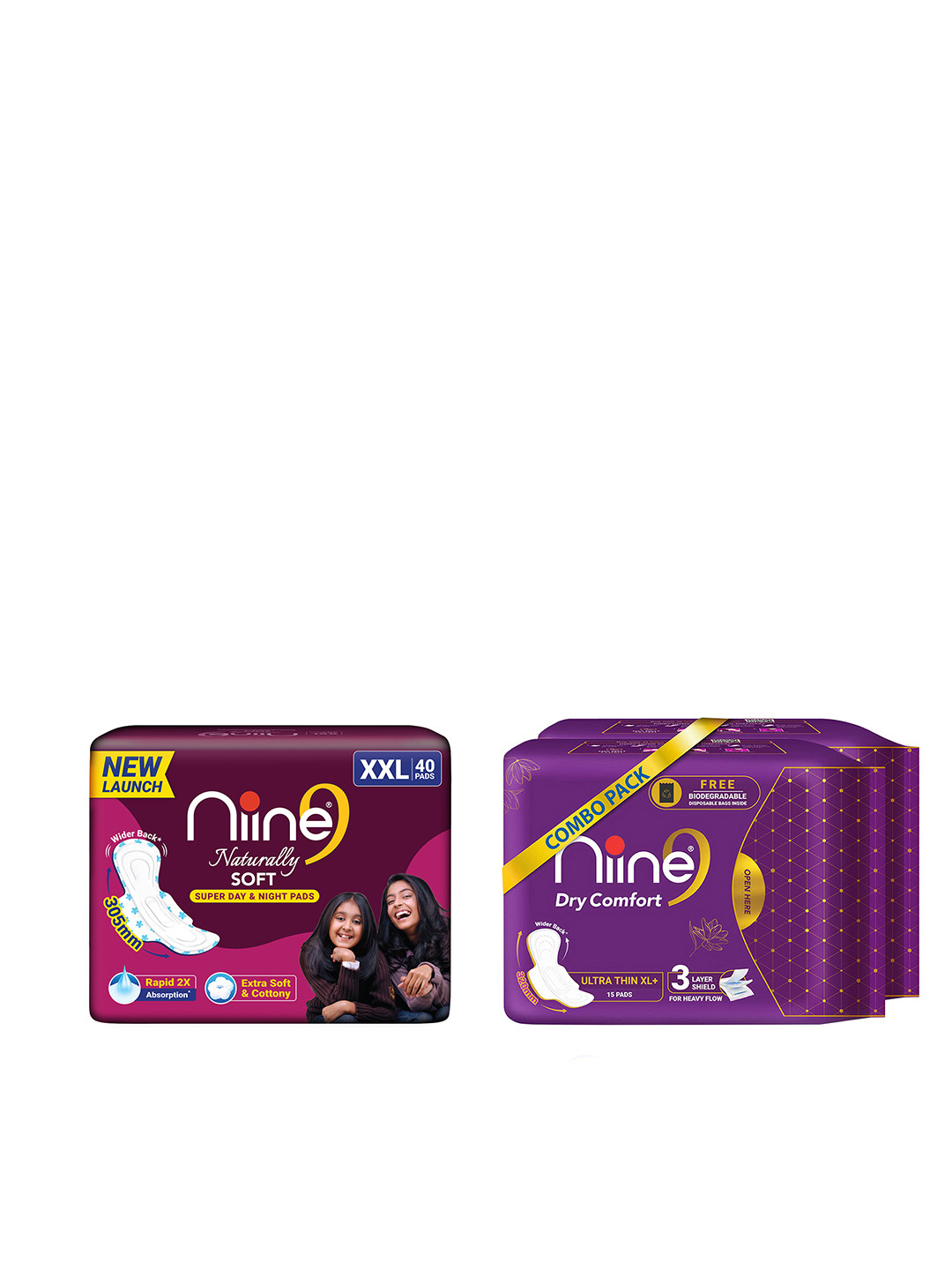 Niine Set of 3 Naturally Soft Sanitary Pads - 30 XL+ Dry Comfort Pads & 40 XXL Pads