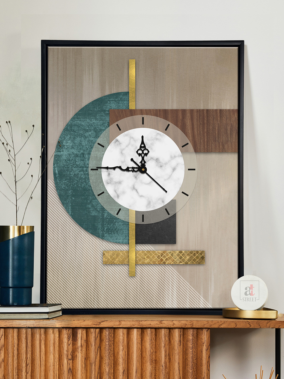 Art Street Beige & Teal Abstract Canvas Wall Art with Clock