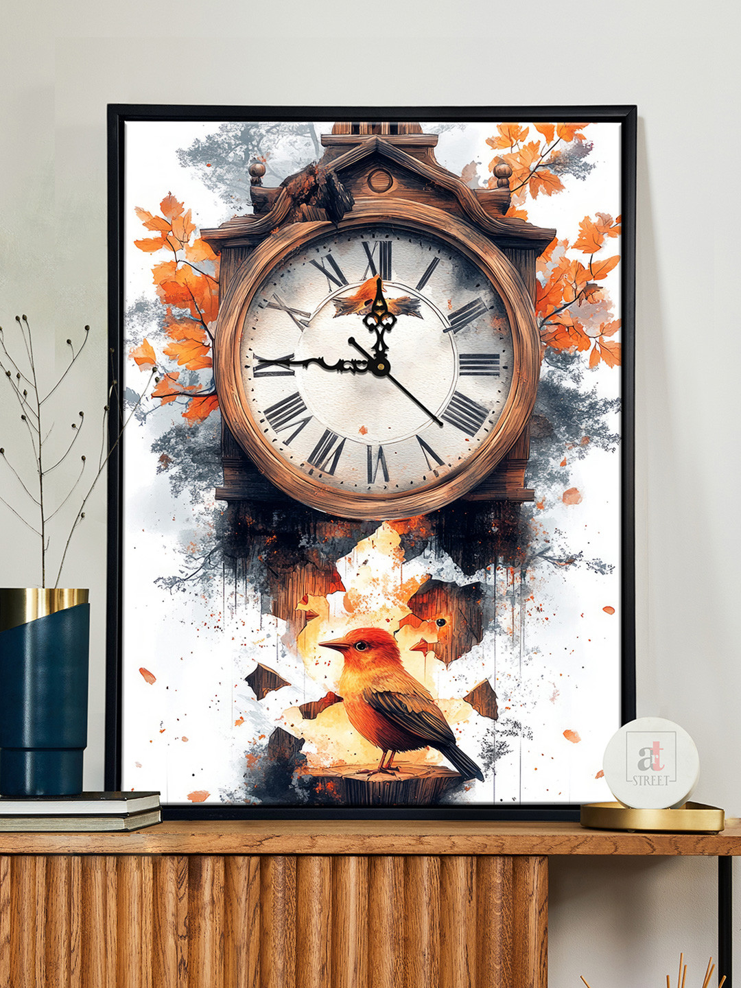 Art Street Orange Colored & White Floral & Wall Clock Printed Canvas Wall Art
