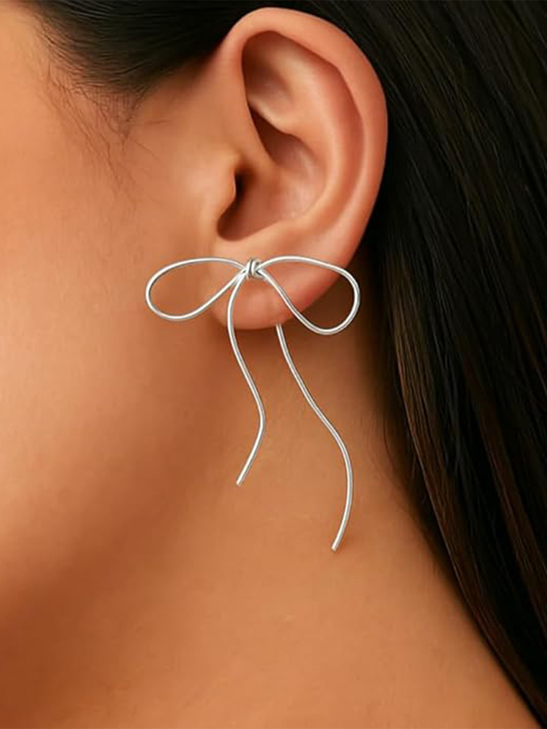 Amalfa Lyra's Graceful Silver-Plated Bow Wire Contemporary Drop Earrings