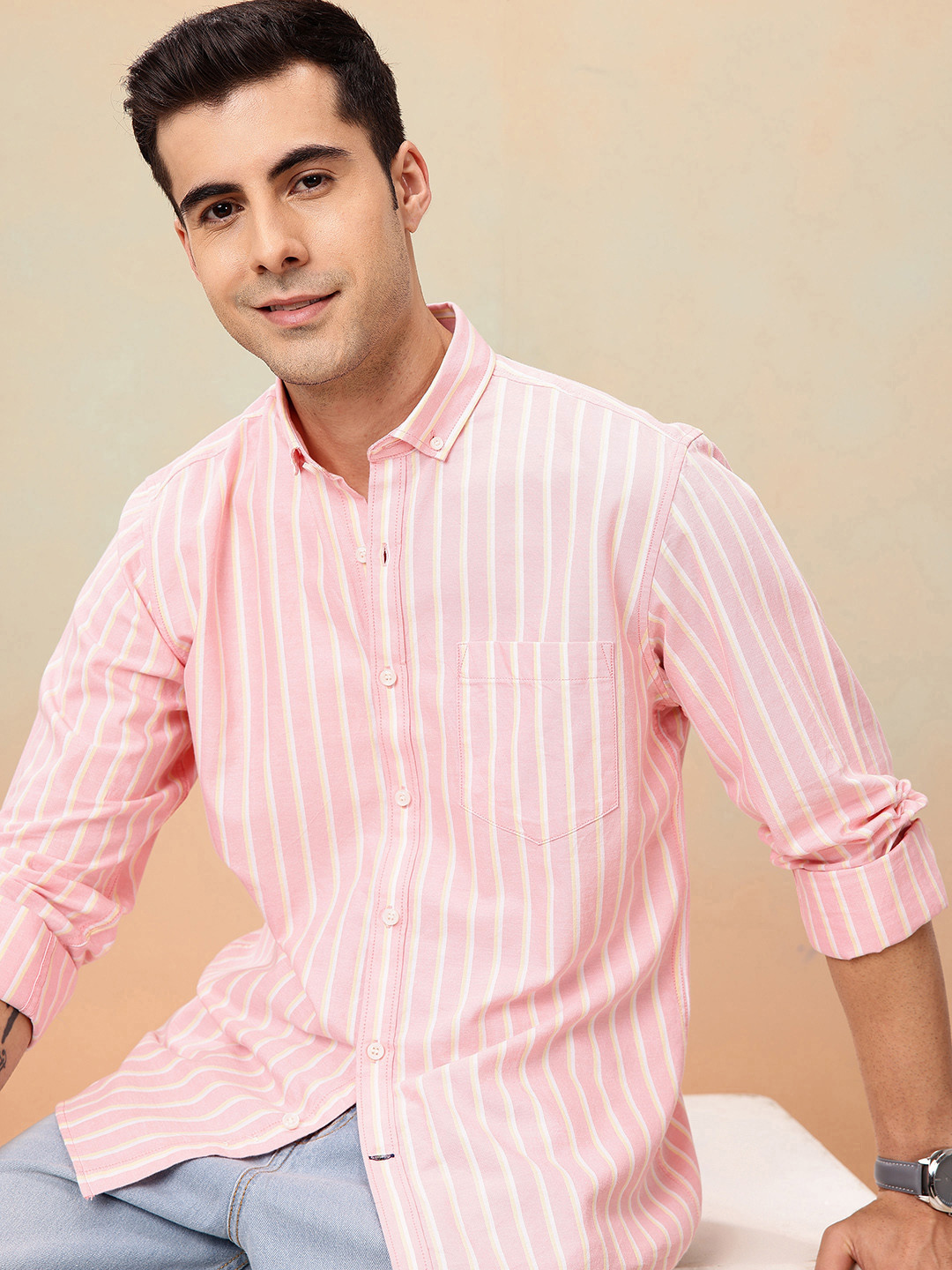Mast & Harbour Men Standard Striped Pure Cotton Casual Shirt