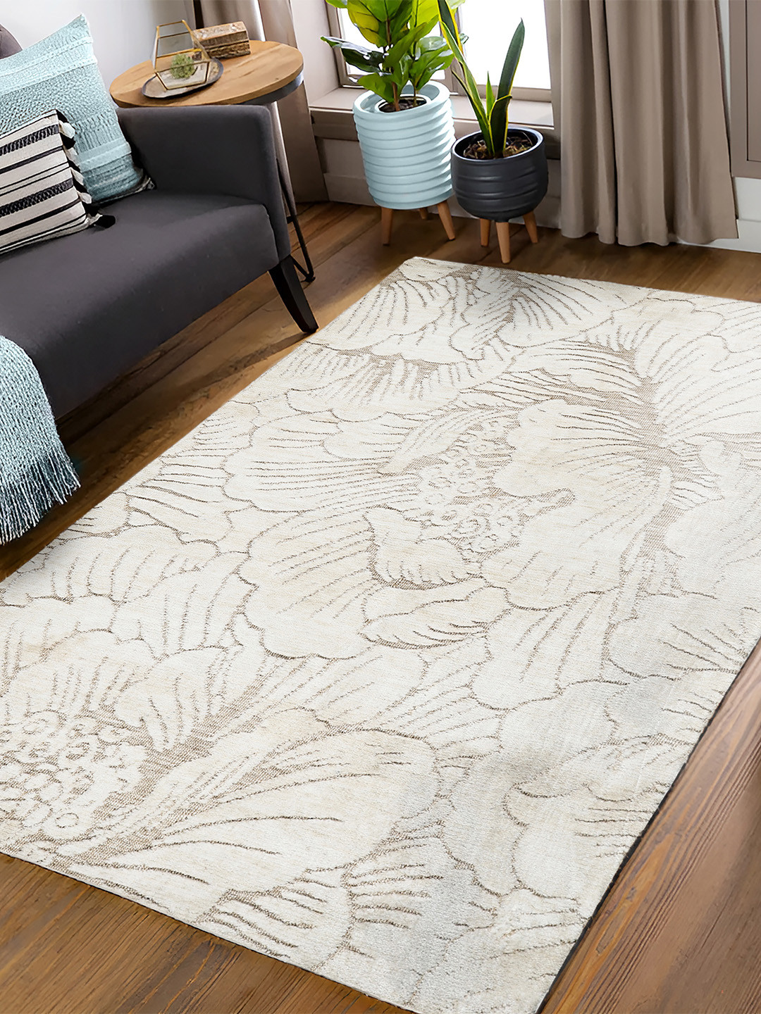 PLIVANA Beige Floral Design Carpet