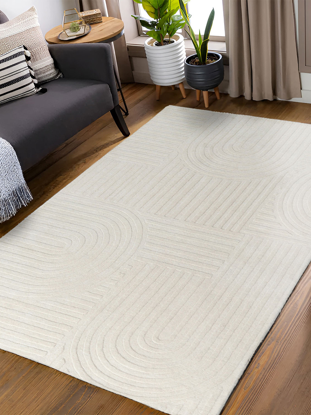 PLIVANA Cream-Coloured Solid Polyester Indoor Carpet