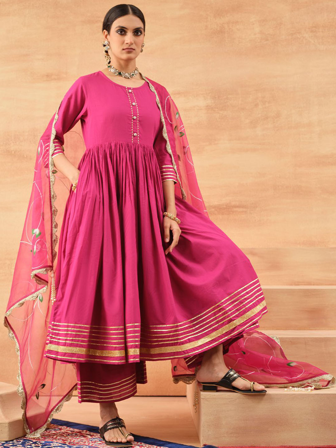 Ishin Floral Printed Gotta Patti High Slit Pure Cotton Kurta With Trousers & Dupatta