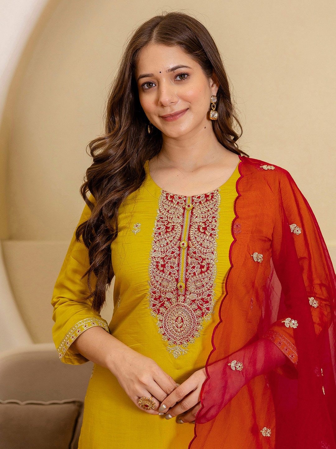 SKYLEE Women Ethnic Motifs Embroidered Regular Kurta with Trousers & Dupatta