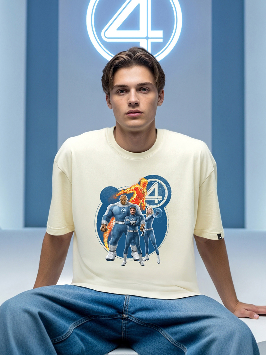 Bewakoof Heavy Duty Men Fantastic Four Graphic Printed Round Neck Cotton Oversized T-shirt