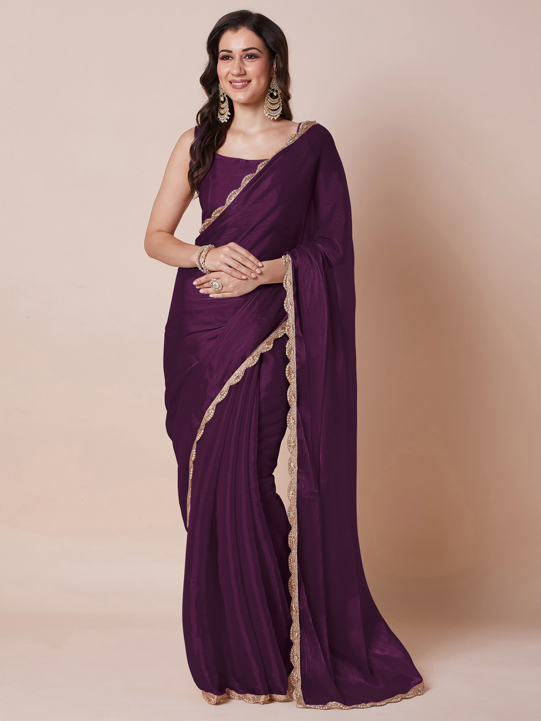 House of Pataudi Solid Embellished Detailed Saree With Matching Blouse