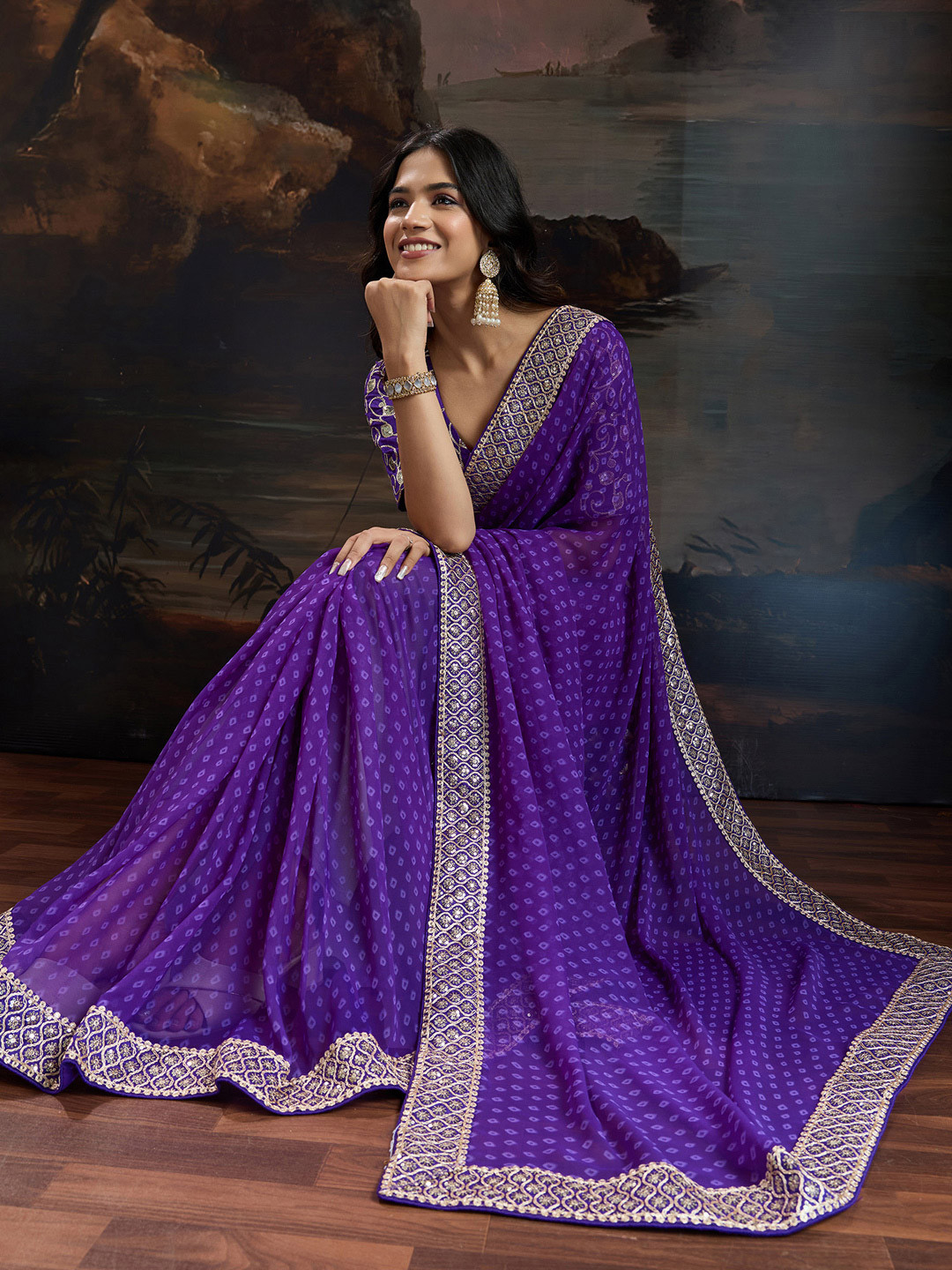 House of Pataudi Bandhani Design Embroidered Saree With Blouse Piece