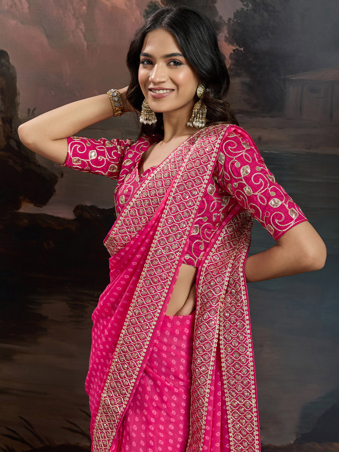 House of Pataudi Bandhani Design Embroidered Saree With Blouse Piece