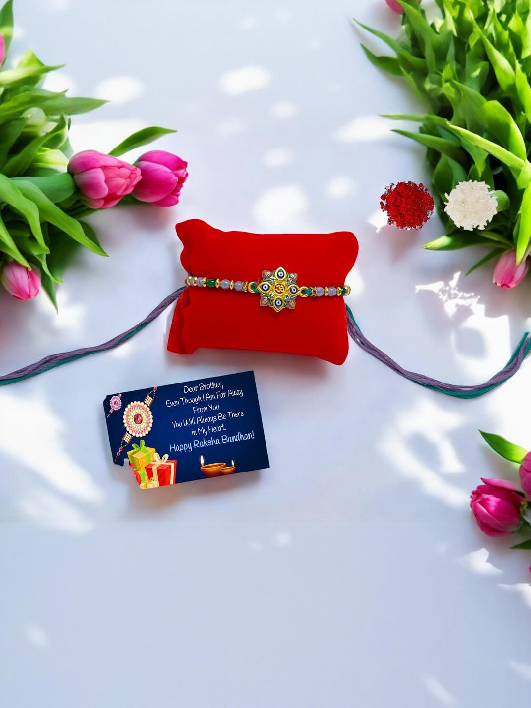 Om Designer Metal Rakhi::  Greeting card n Roli