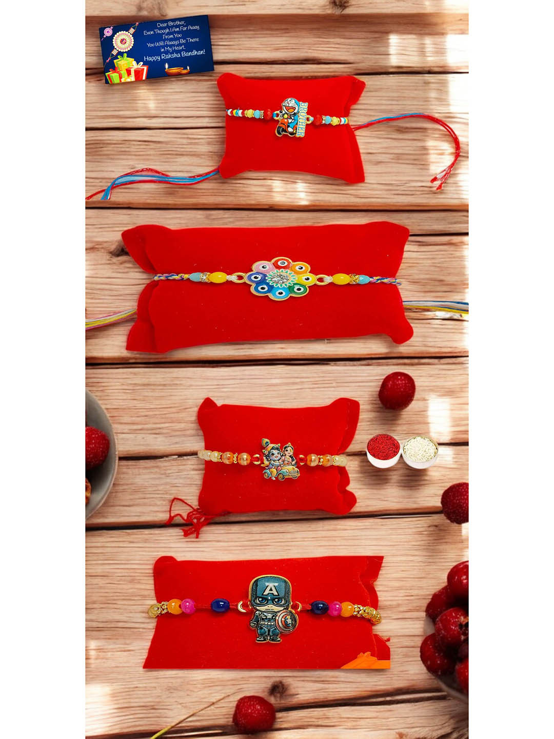 Doramon Evil eye Radha Krishna n CA  Metal Rakhi  Greeting card n Roli