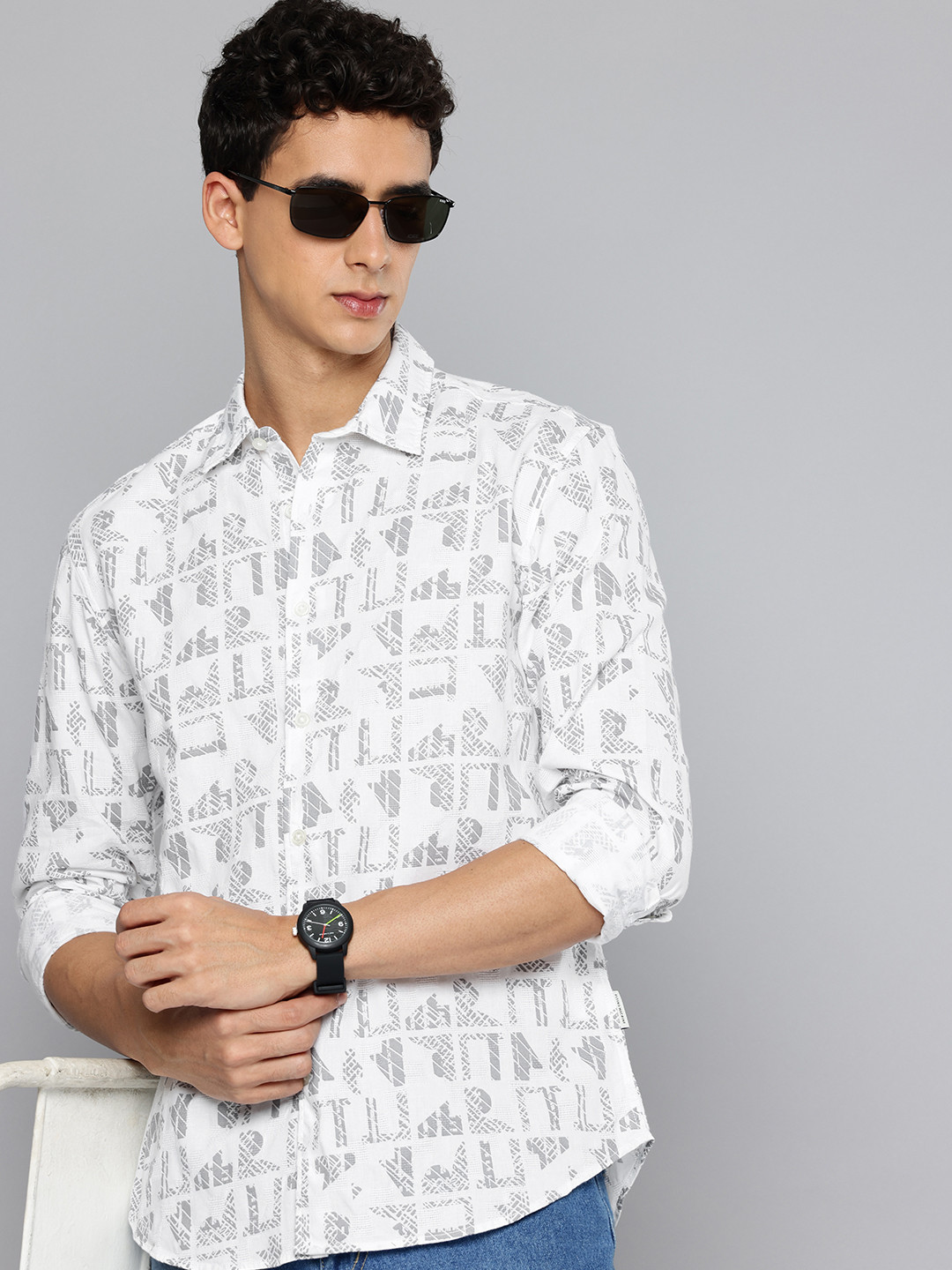 Flying Machine Pure Cotton Slim Fit Abstract Printed Textured Shirt