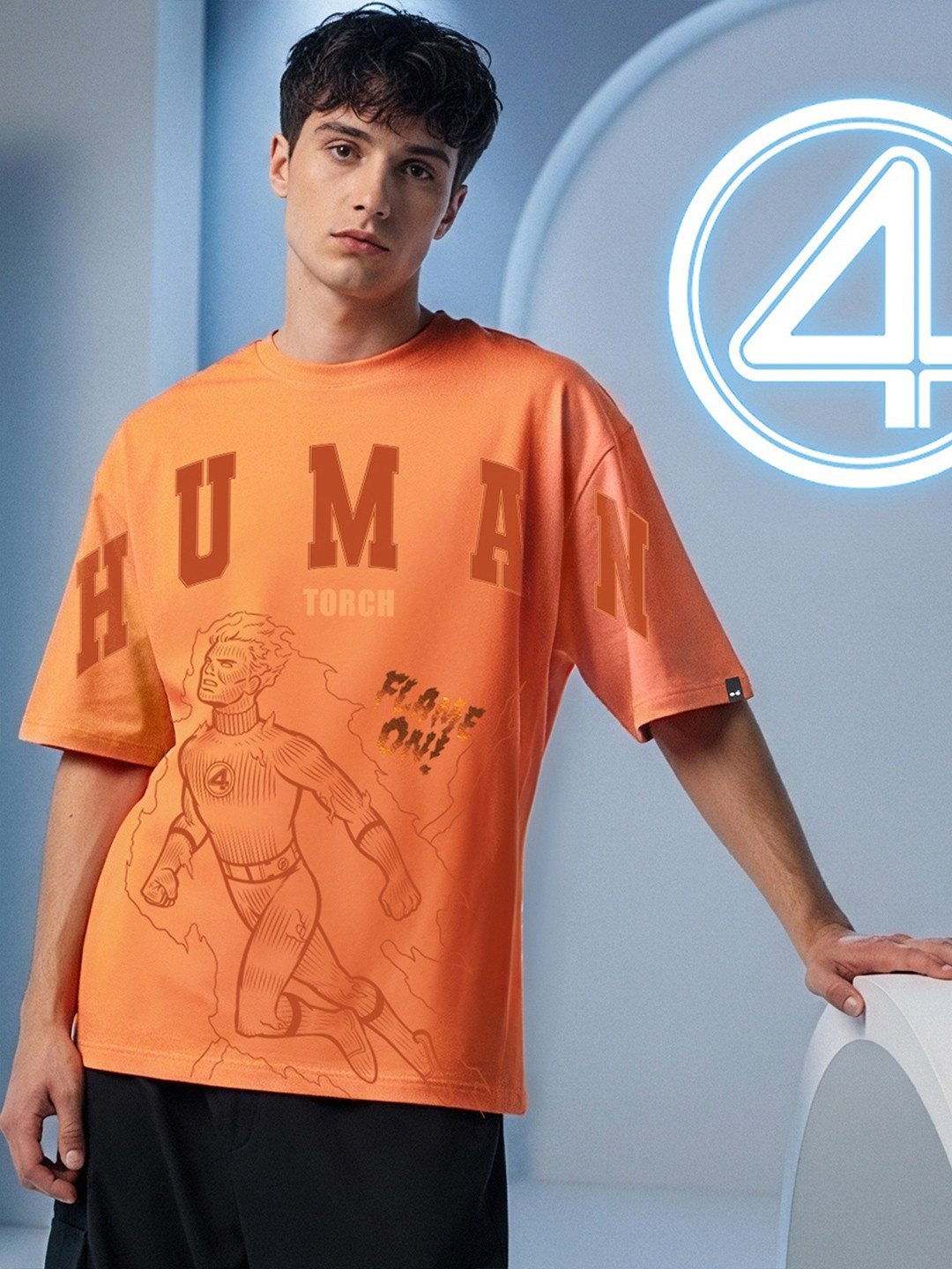 Bewakoof OFFICIAL MARVEL MERCHANDISE Men's Human Torch Graphic Printed Oversized T-shirt