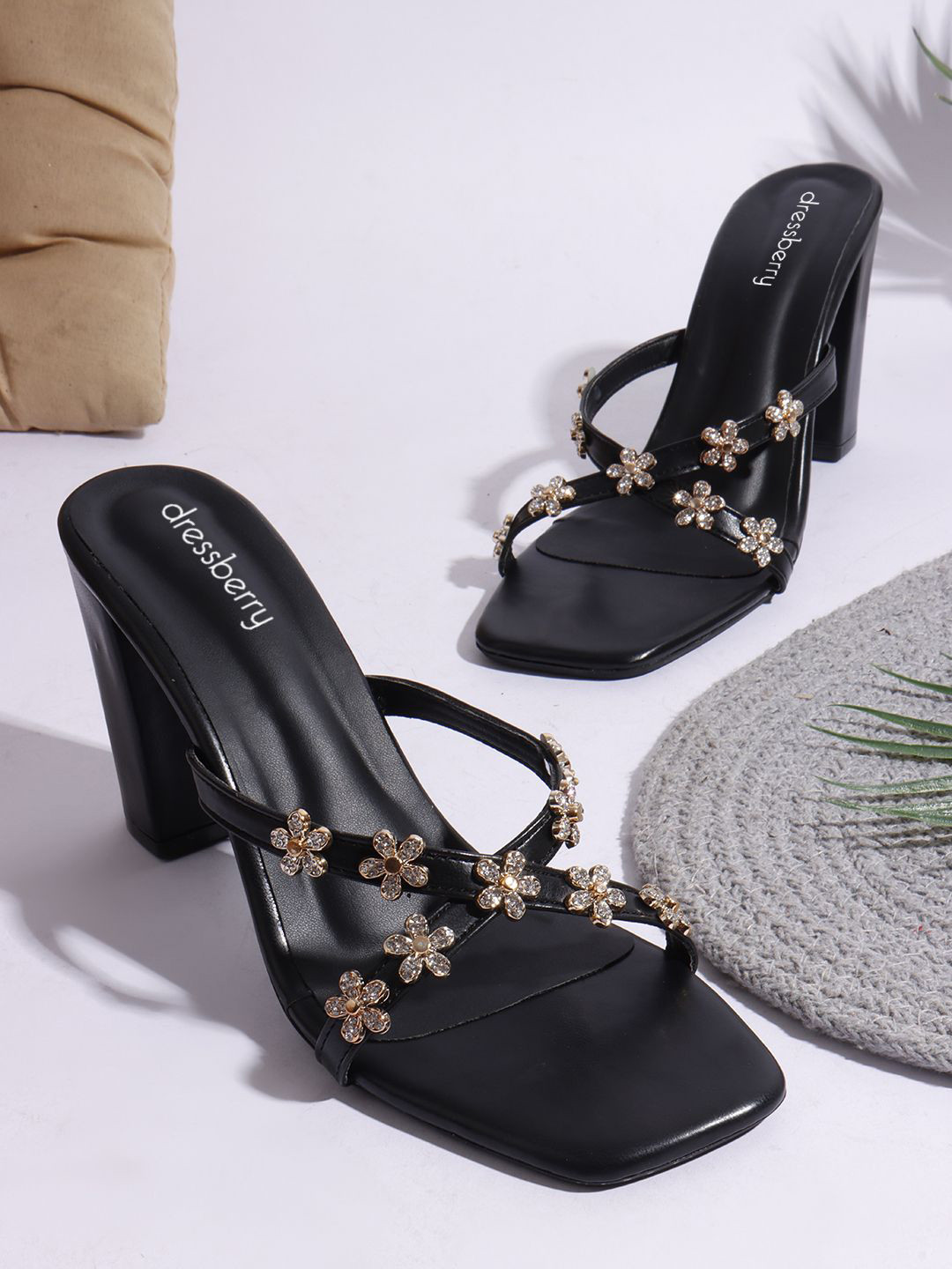 DressBerry Women Floral Embellished Square Toe Block Heels Sandals