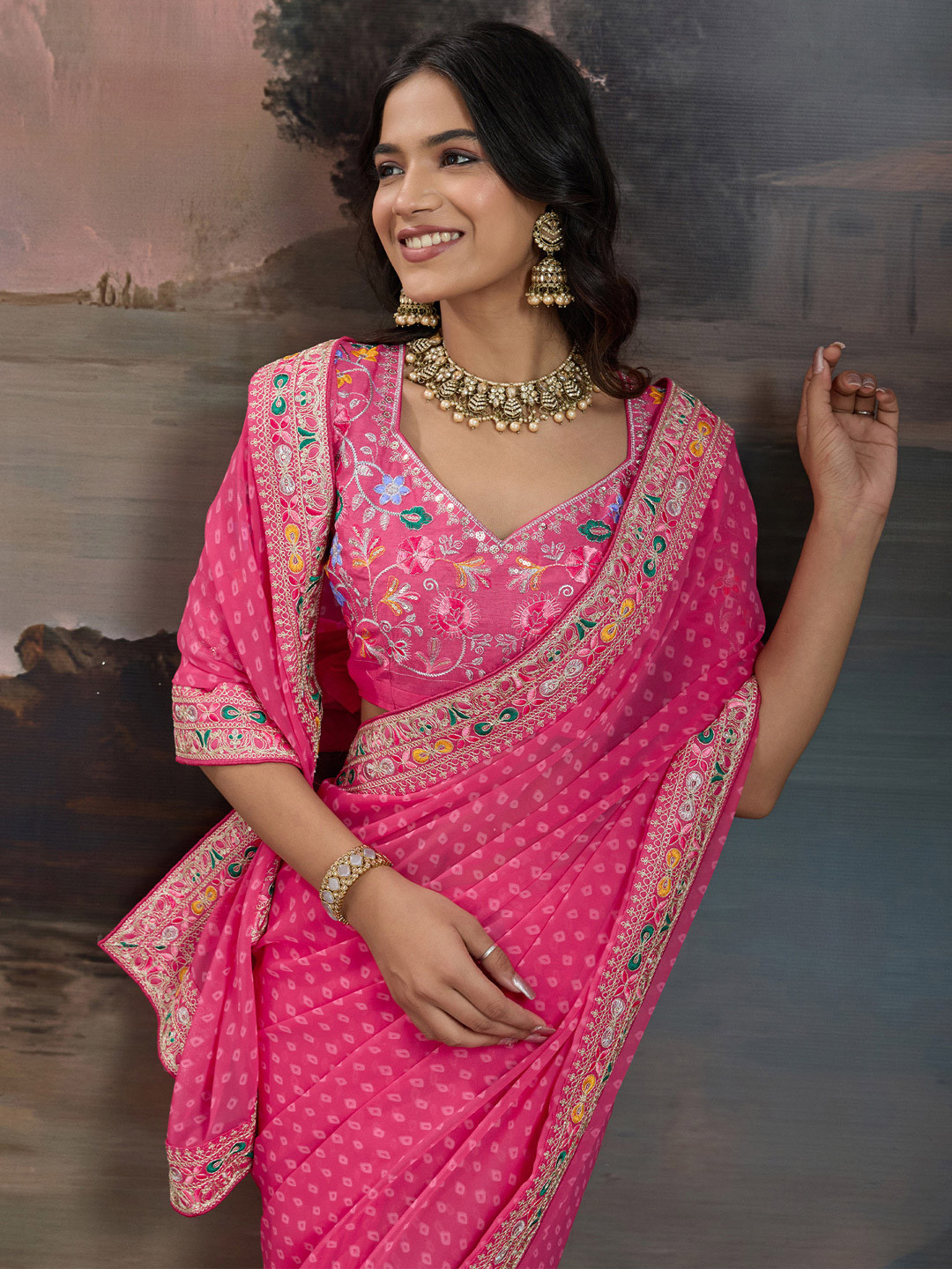 Mitera Bandhani Printed Sequinned Pure Georgette Bandhani Saree