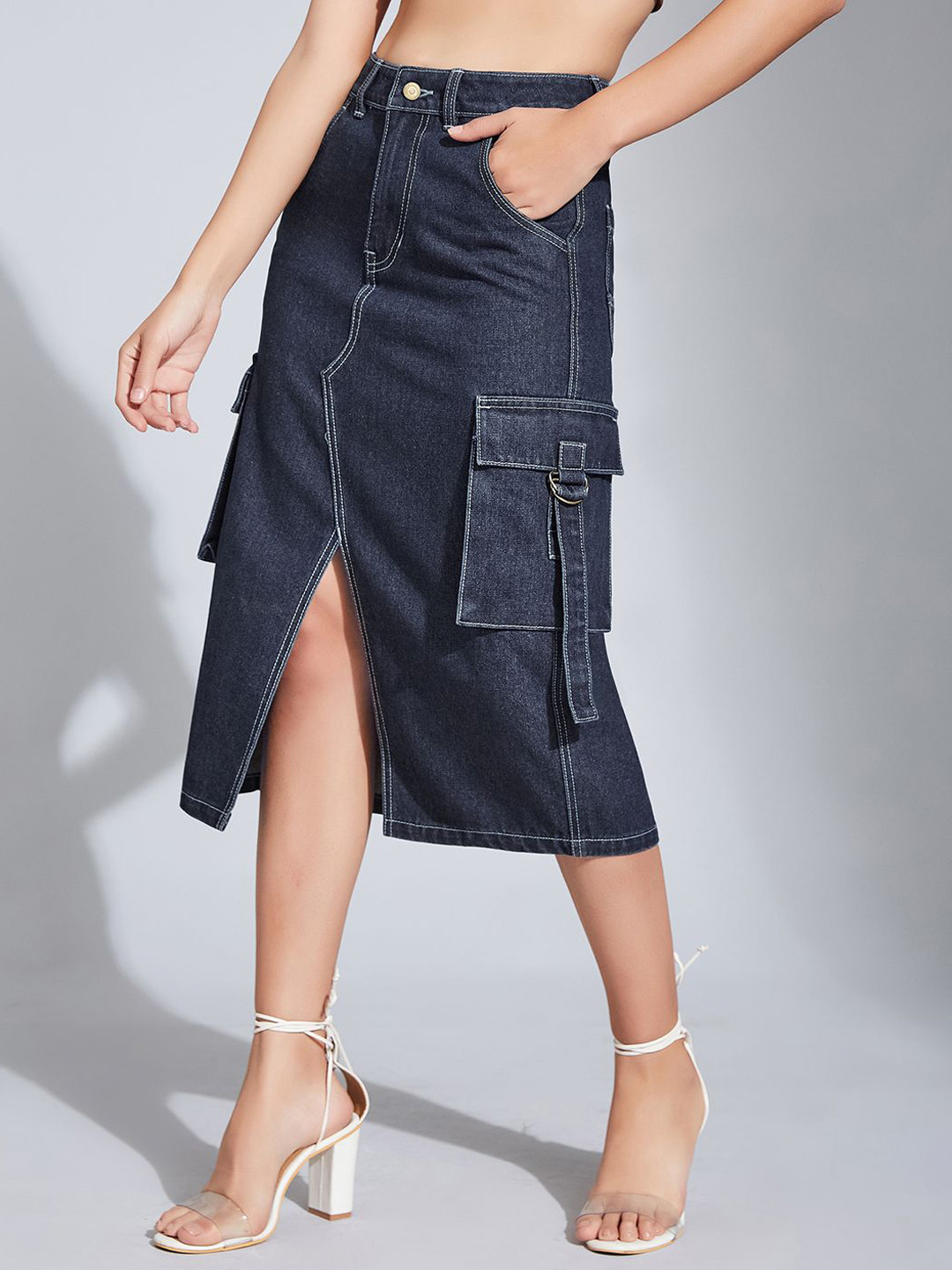 Women's Navy Blue Straight High Rise Clean Look Midi Denim Skirt