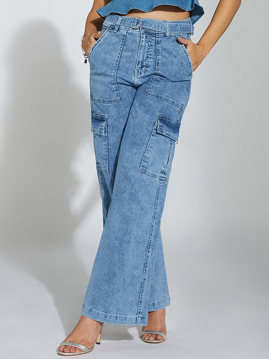 Life With Pockets Women Wide Leg High-Rise Light Fade Stretchable Cargo Styles Jeans