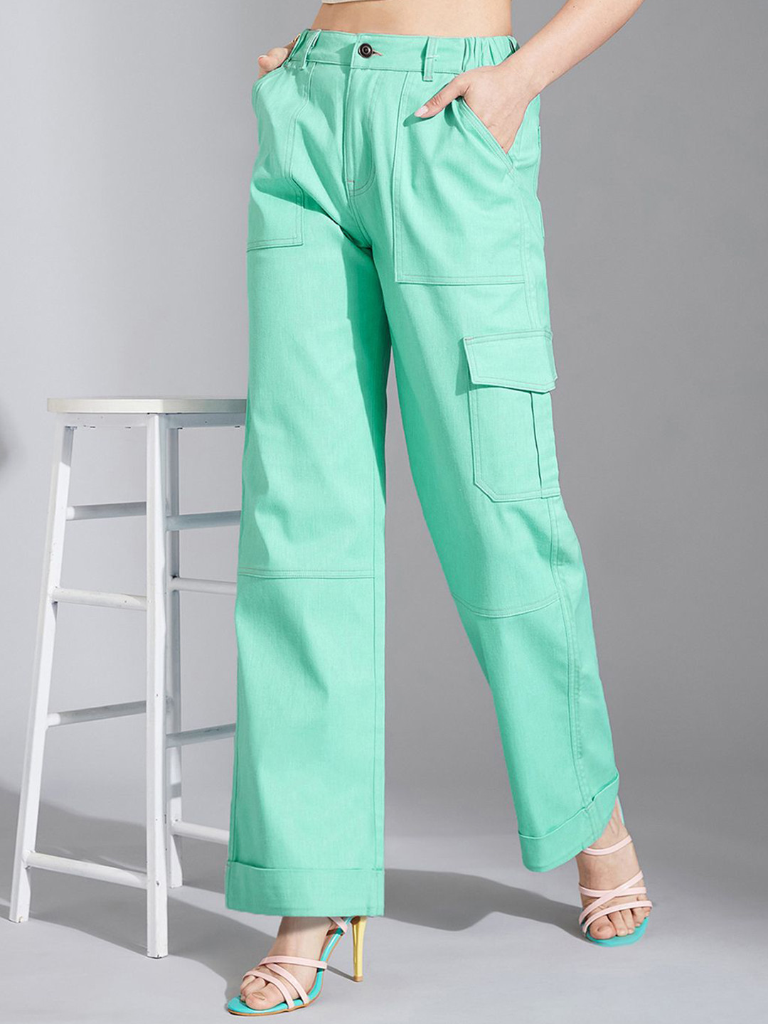 Women's Turquoise Wide-Leg High Rise Clean Look Regular-Length Stretchable Denim Pants