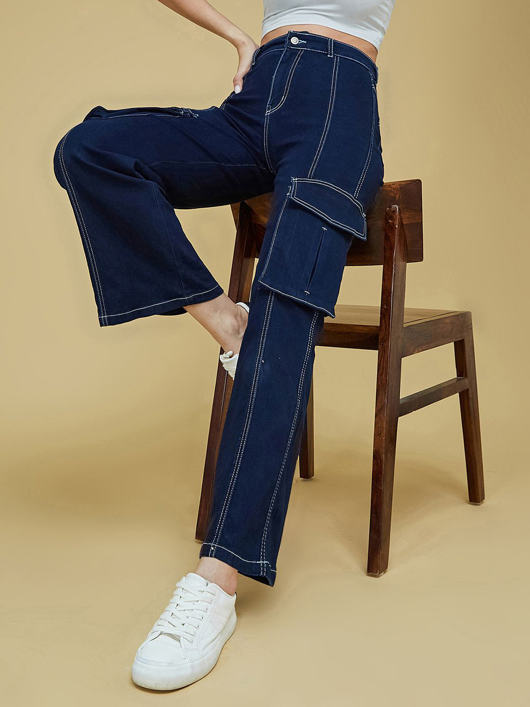 Women's Navy Blue Wide leg High Rise Clean look Regular Stretchable Denim Jeans