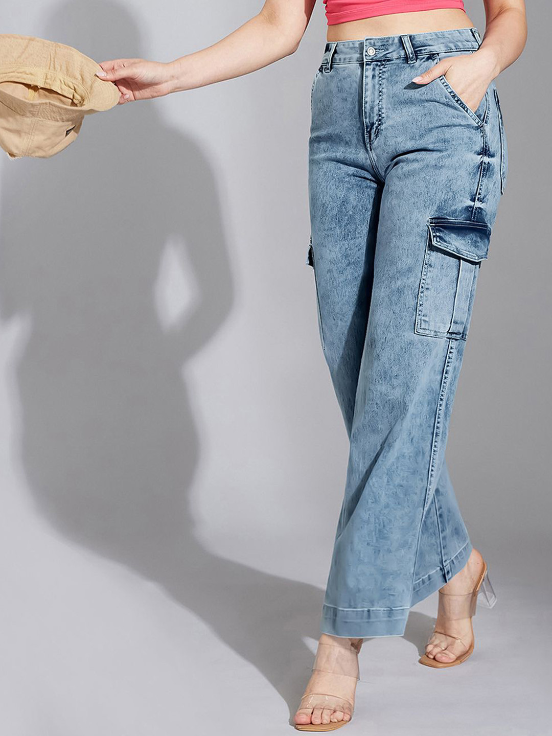 Life With Pockets Women Wide Leg High-Rise Heavy Fade Stretchable Cargo Styles Jeans