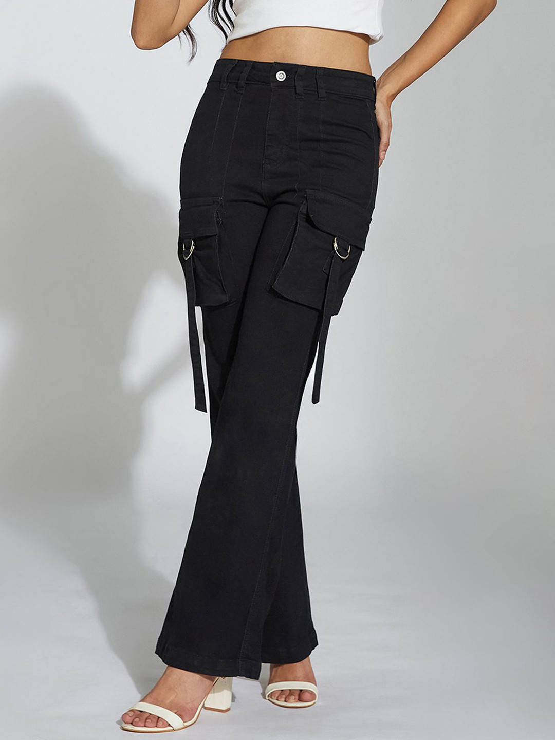 Women's Black Bootcut High-Rise Clean-Look Regular-Length Stretchable Denim Jeans