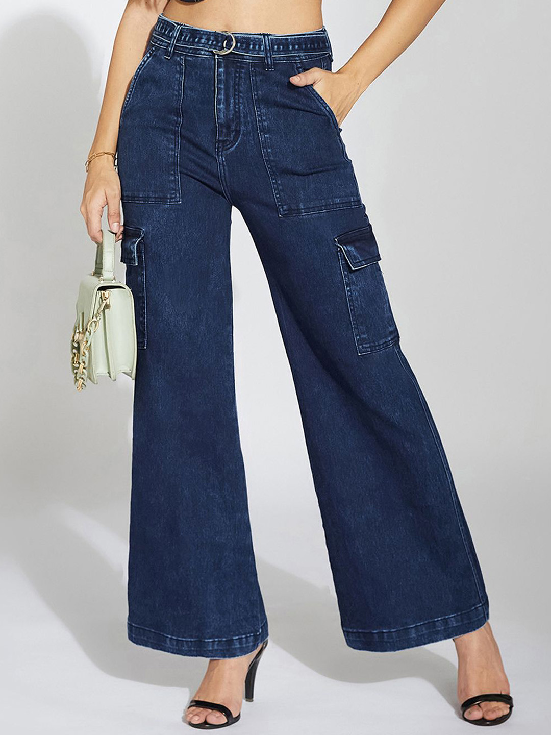 Women's Blue Wide-Leg High-Rise Clean-Look Regular-Length Stretchable Cargo Denim Jeans