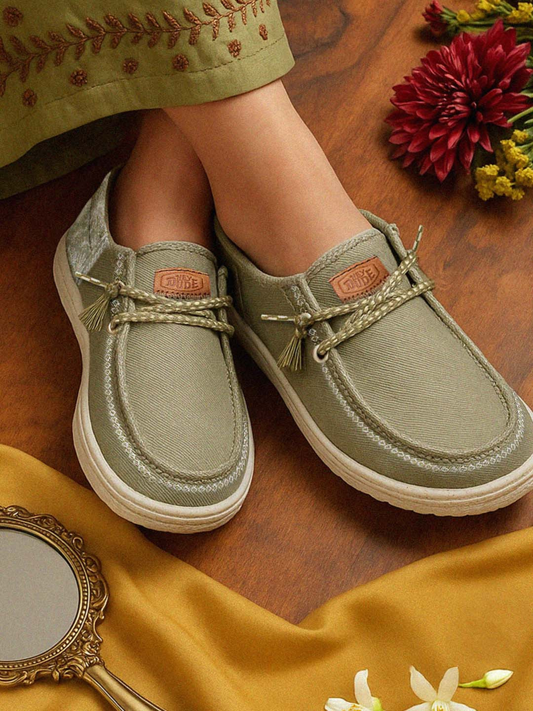 HEYDUDE Women Wendy Funk Embroidered Woven Design Slip-On Stretch Lace Sneakers
