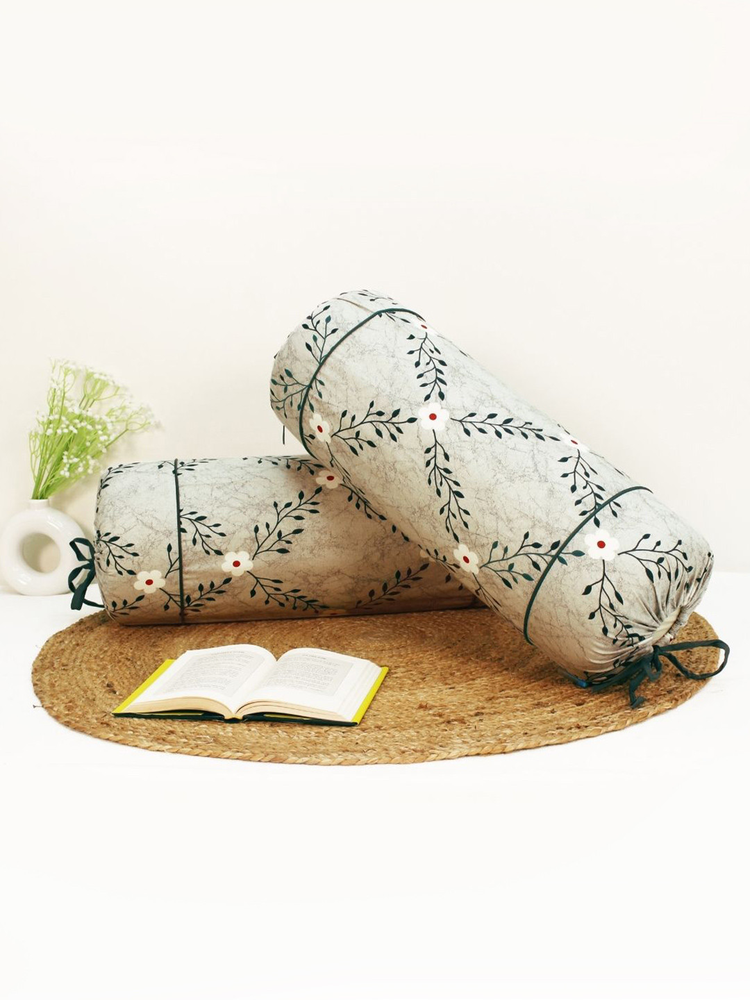 Aurave 2Pc Grey & White Flower Printed Pure Cotton 144-TC Bolster Covers With Drawstrings