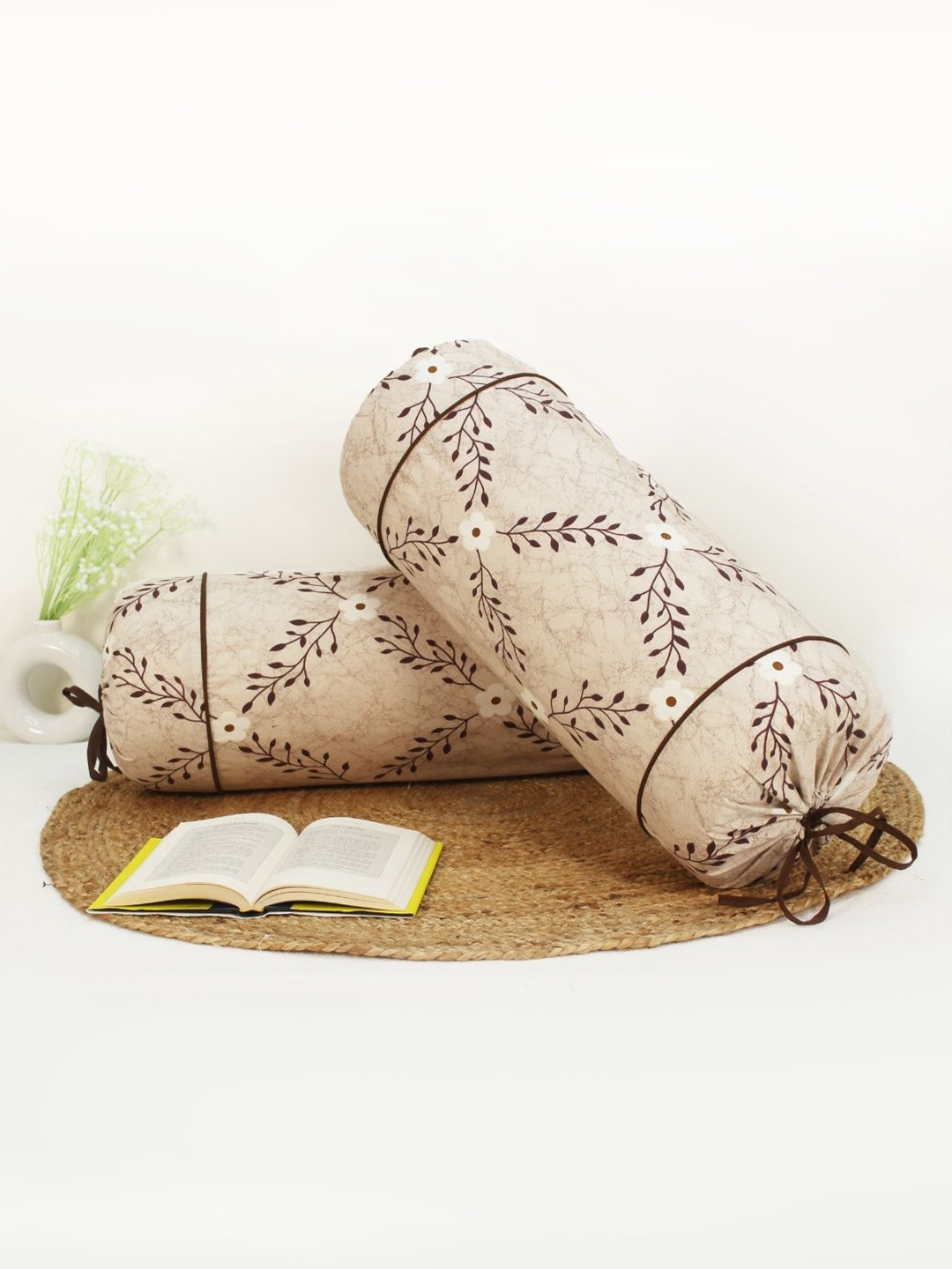 Aurave 2Pc Beige & Brown Flower Printed Pure Cotton 144-TC Bolster Covers With Drawstrings