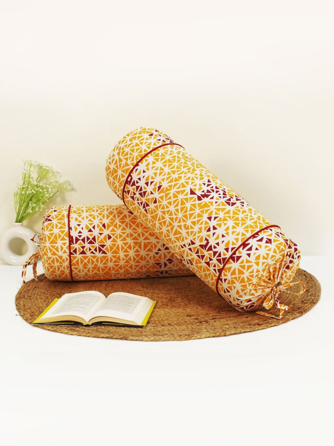 Aurave Yellow & Maroon 2 Pcs Geometric Printed Pure Cotton Bolster Covers With Drawstrings