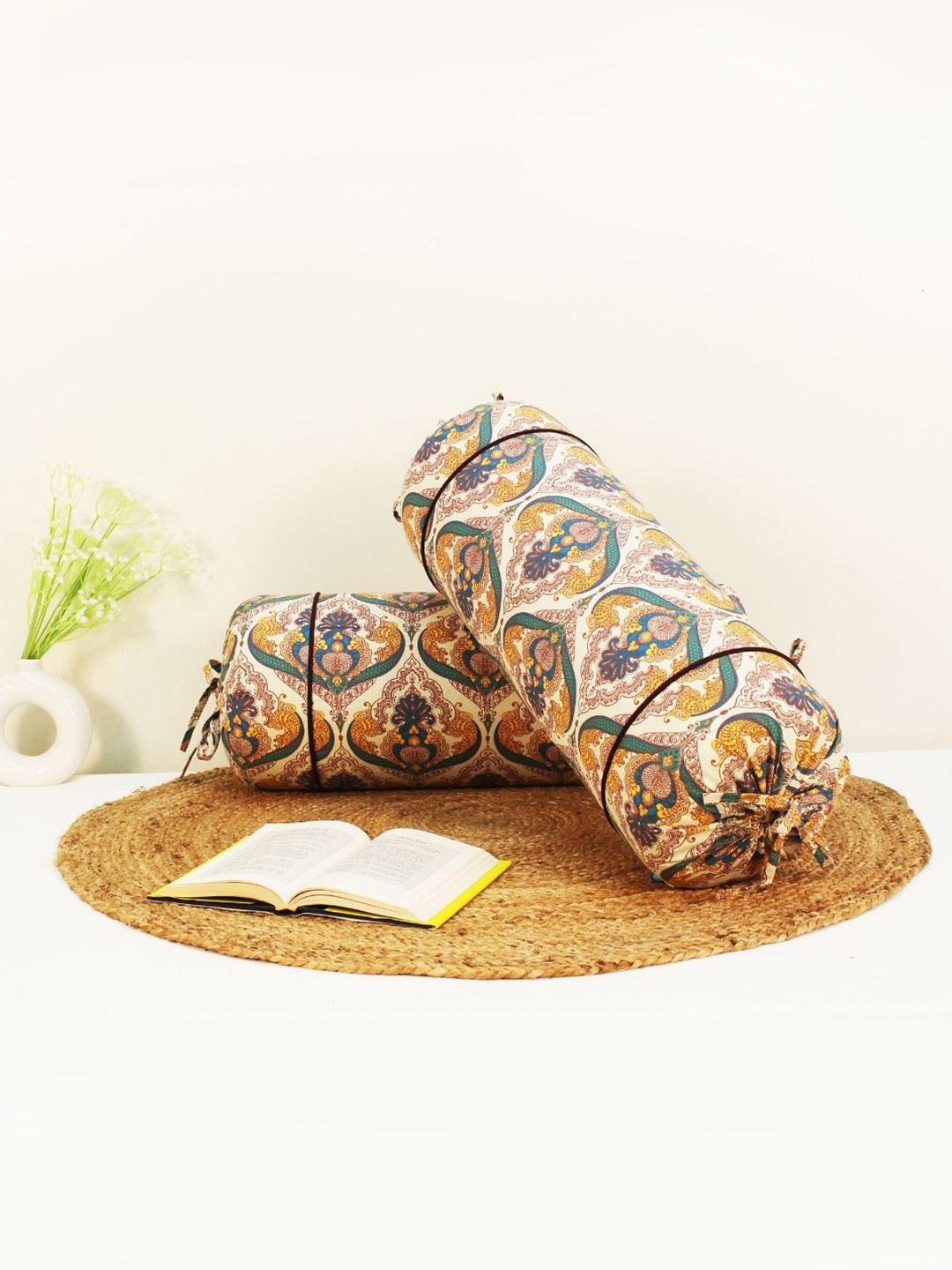 Aurave 2Pc Beige & Green Flower Printed Pure Cotton 144TC Bolster Covers With Drawstrings