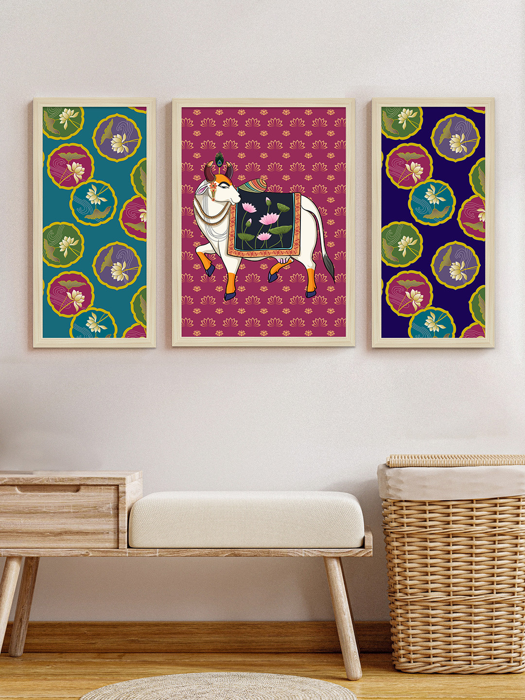 Art Street Purple & Green 3 Pieces Cow And Lotus Pichwai Wall Arts