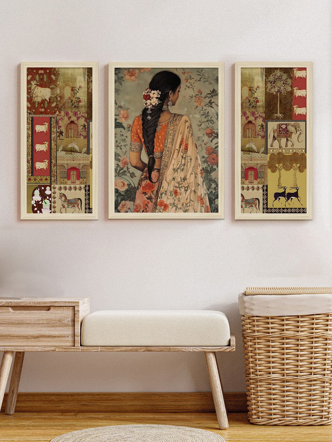 Art Street Beige & Orange 3 Pieces Floral And Botanical Printed Wall Arts
