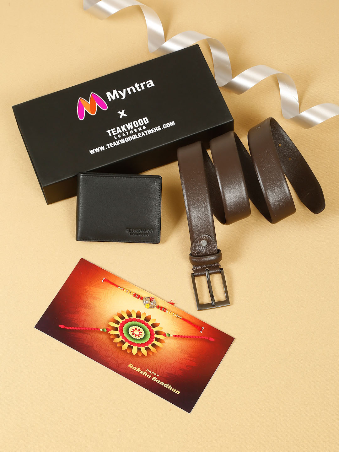 Teakwood Leathers Set Of 3 Men Textured Leather Belt - Wallet & Rakhi Gift Set