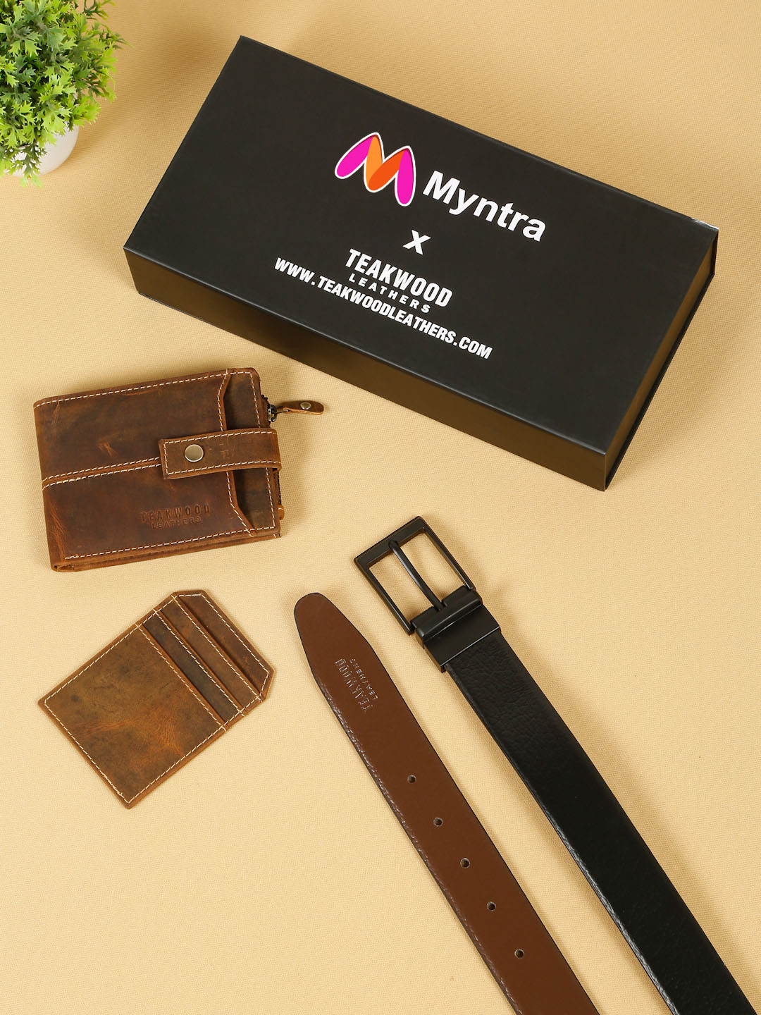 Teakwood Leathers Set Of 3 Men Reversible Leather Belt & Wallet with a Card Holder