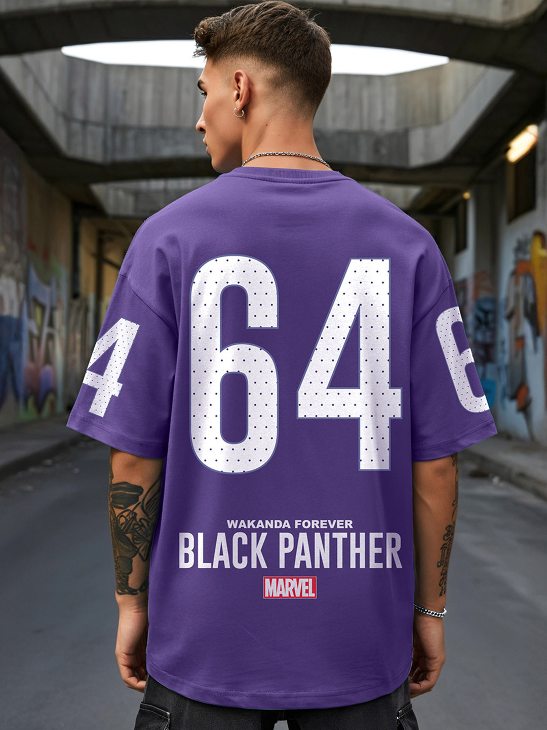 Bewakoof Heavy Duty Men Black Panther Varsity Printed Round Neck Oversized T-shirt