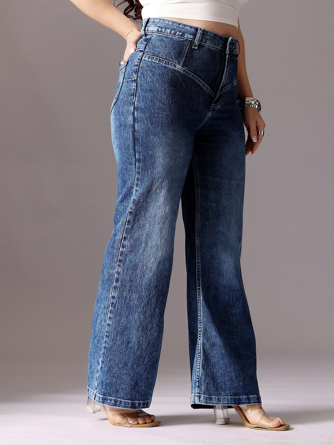 Miss Chase A+ Women Plus Size's High Rise Clean Look Stretchable Denim Wide-Leg Shaping Jeans