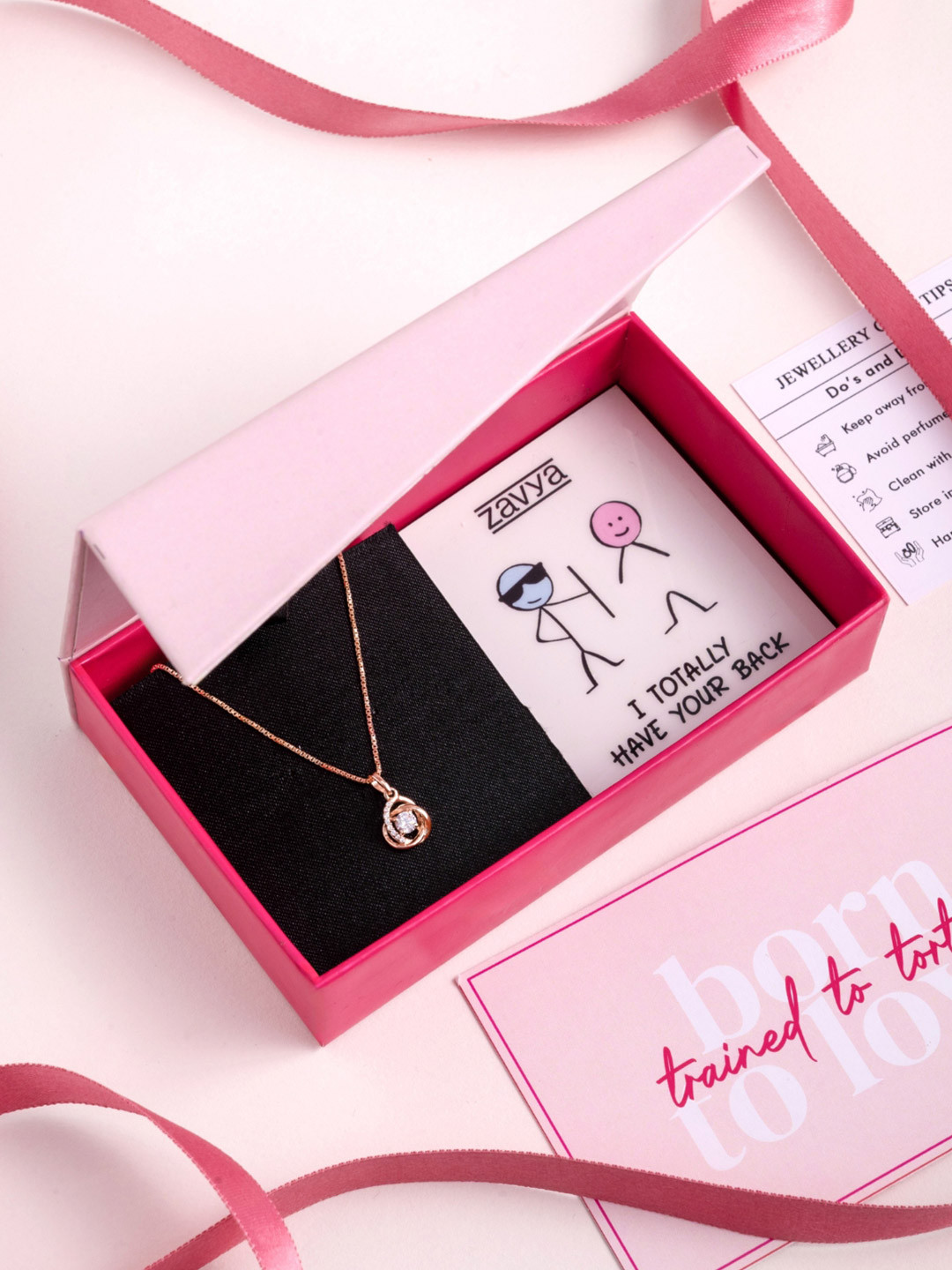 Zavya 925 Sterling Silver Rose Gold-Plated CZ-Stone Studded Pendant with Chain Gift Hamper