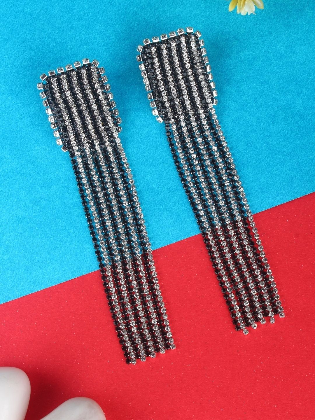 StyleCast Silver-Plated Rhinestone Studded Tasselled Square Shaped Drops Earrings