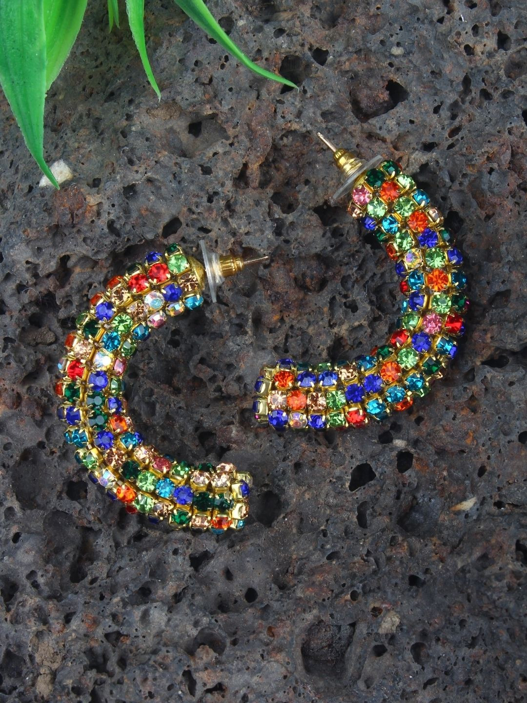 StyleCast Gold-Plated Rhinestone Sruddded Contemporary Half Hoop Earrings