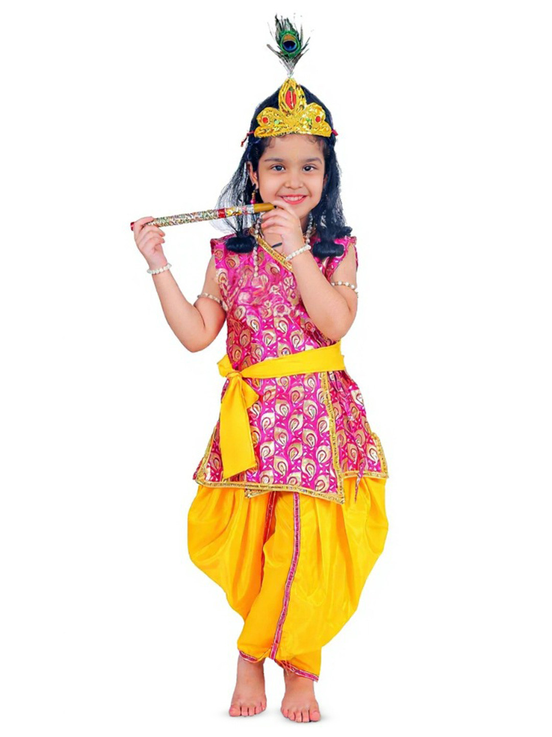 Sarvda Kids Shree Krishna Dress Set With Mala BajuBand Bansuri Patka Mukut MorPankh Kundal