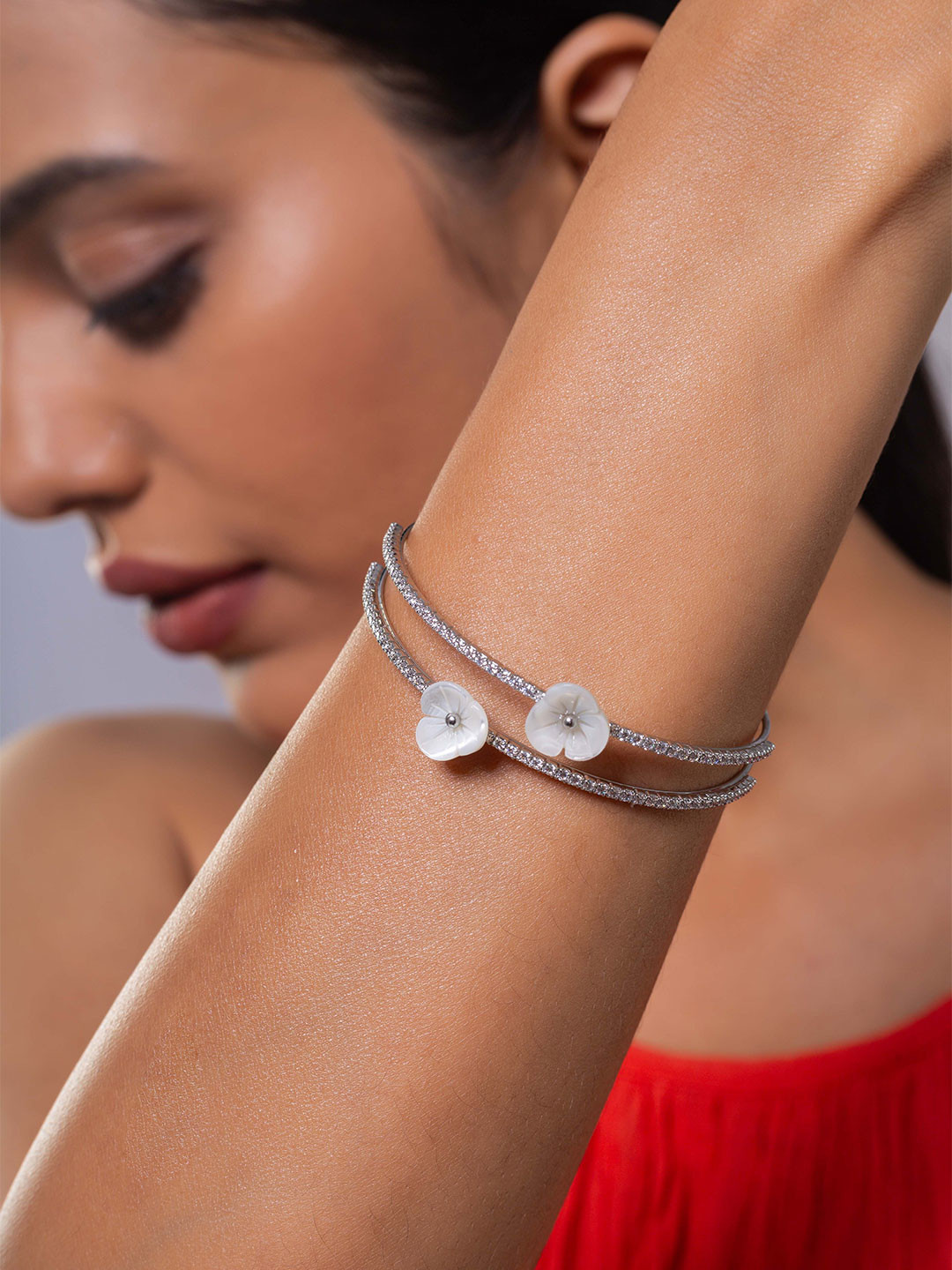 MINJI AND CO.Silver-Plated Artificial Stones Studded Cuff Bracelet